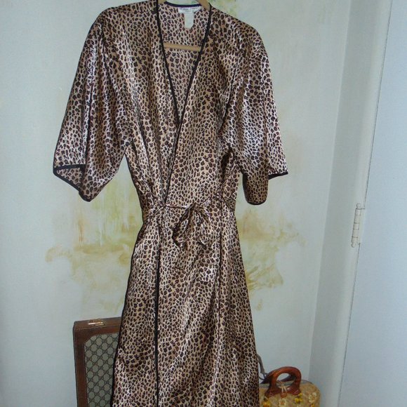 Natori Private Luxuries Silky Satin Silky Robe Large Leopard Cheetah Tie Waist L - Picture 2 of 8